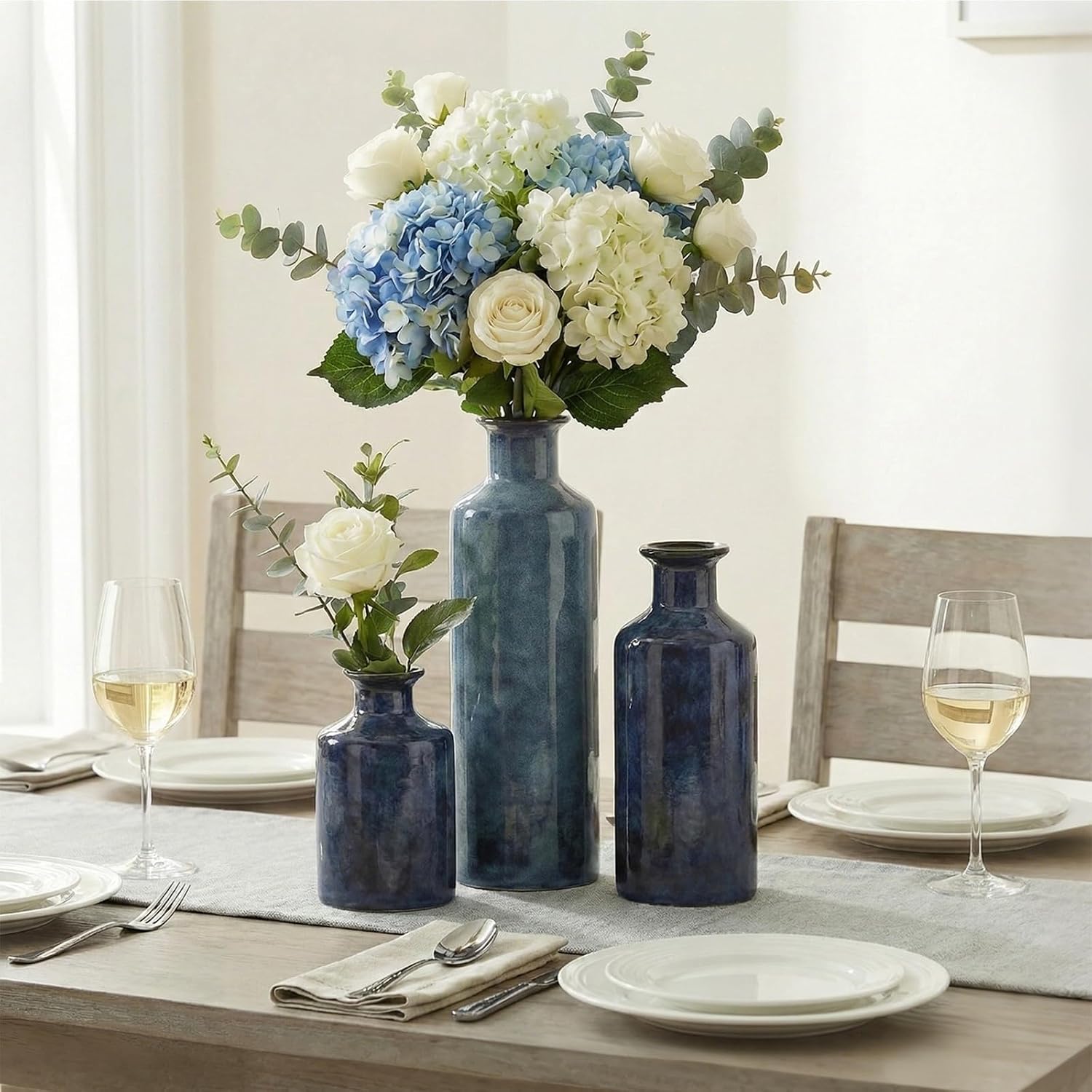 3 Blue ceramic Vases, Farmhouse Country Flower Vase Home Decor, Living Room Decoration, Table Decoration, Fireplace Decor, and Entrance Decorations Centerpieces